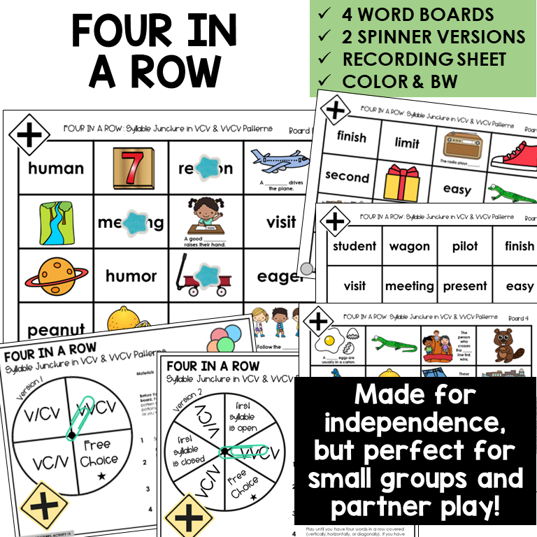 Four In A Row for syllable division in VCV and VVCV patterns, with spinners and recording sheet