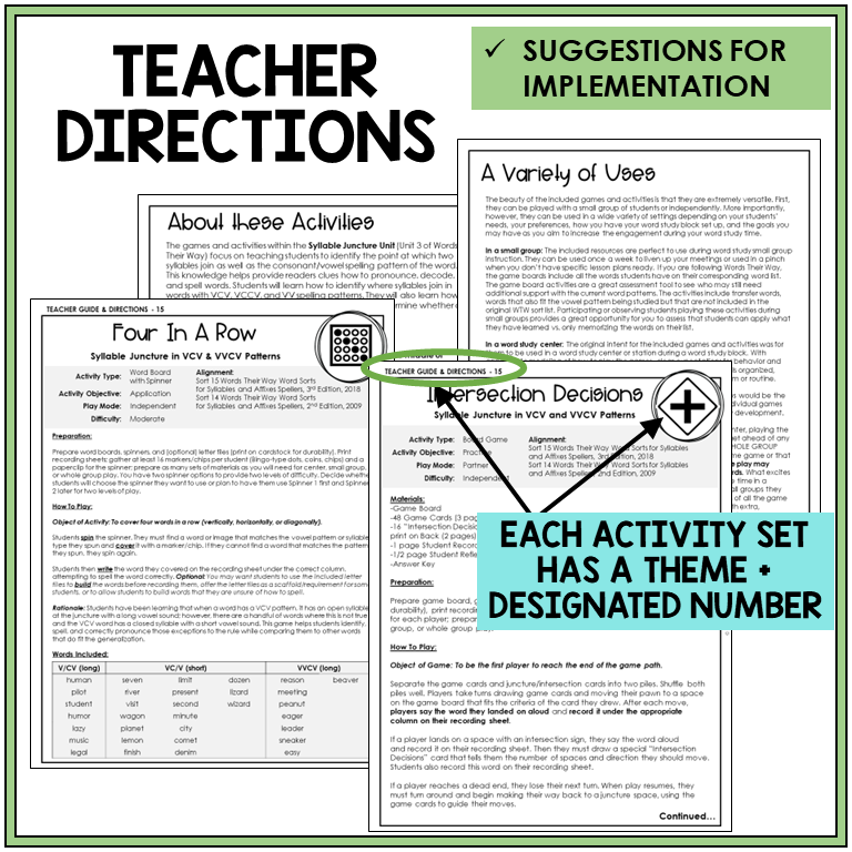 Teacher directions and suggestions for implementation, syllable division in VCV and VVCV patterns