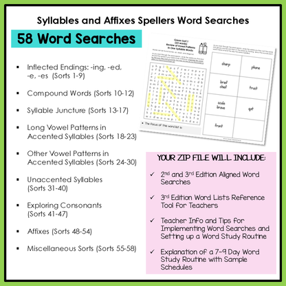 Syllables and Affixes Spellers Word Searches with a sample word search grid.