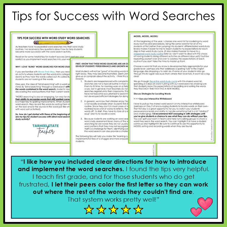 Tips for success and implementation included in word search resource