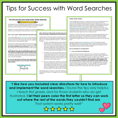 Tips for success and implementation included in word search resource
