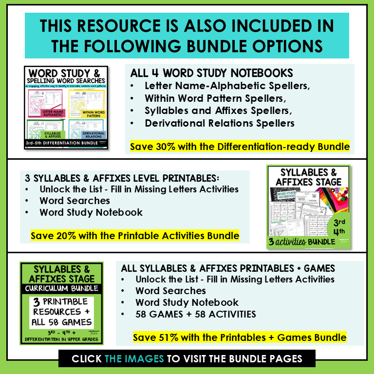 Syllables and Affixes Stage Activities Words Their Way Word Search | Wordsearch 3rd 4th Grade Spelling Activities