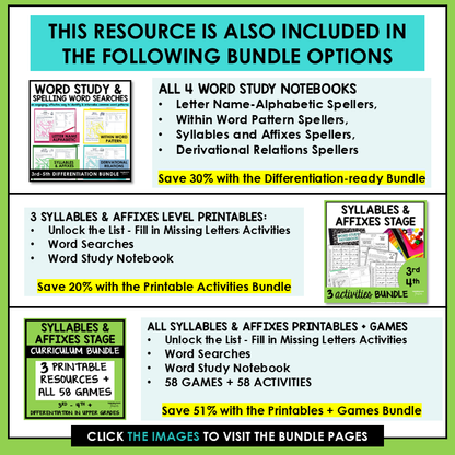 Syllables and Affixes Stage Activities Words Their Way Word Search | Wordsearch 3rd 4th Grade Spelling Activities