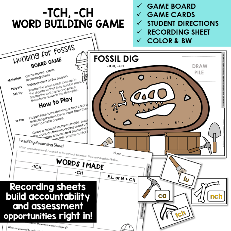 Fossil Dig word building board game with -TCH and -CH cards and recording sheet