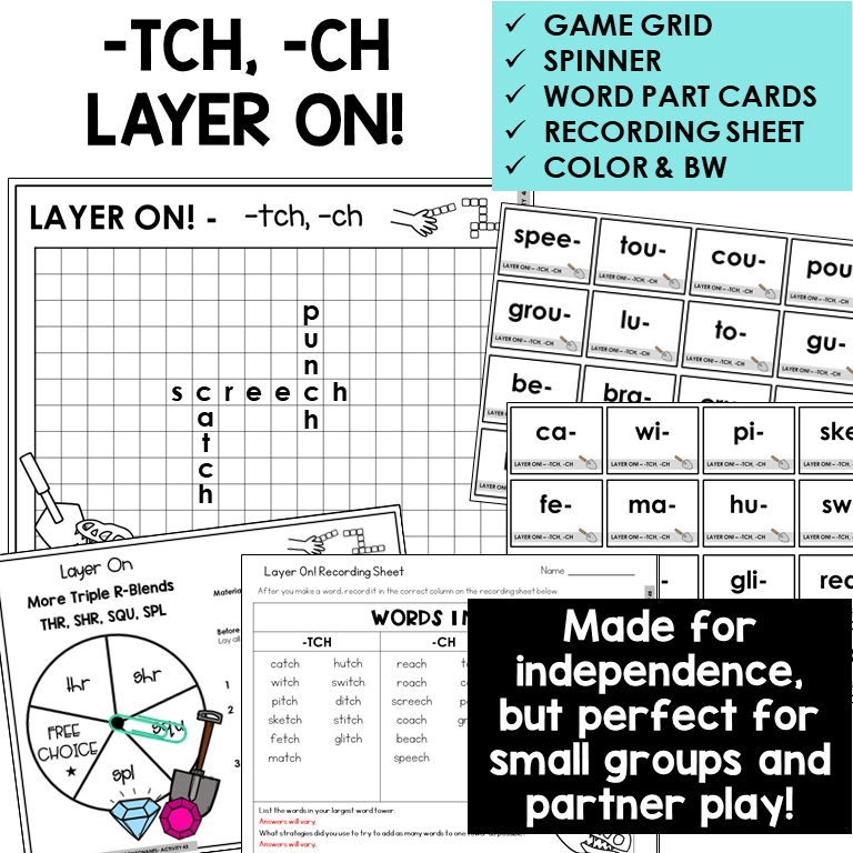 Layer On word tower game with word part cards and recording sheet for -TCH and -CH