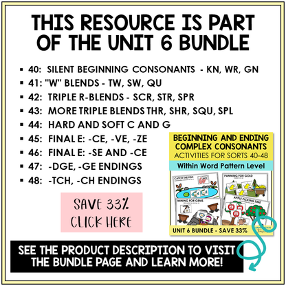 Within Word Pattern Unit 6 beginning and ending complex consonants bundle contents
