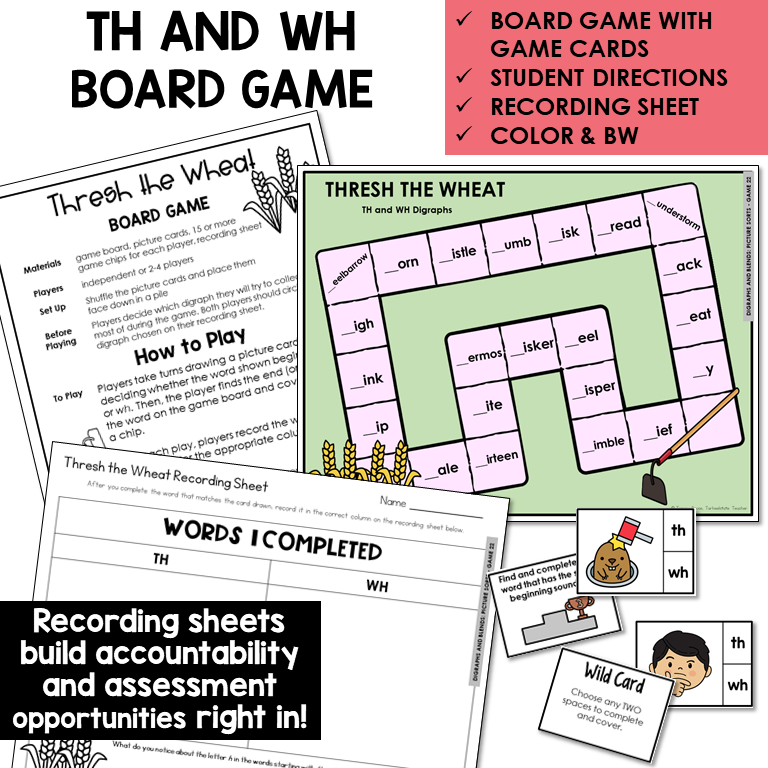 Thresh the Wheat board game, game cards, and recording sheet for digraphs TH and WH