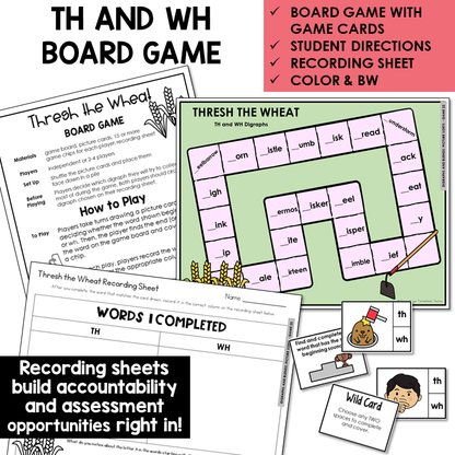 Thresh the Wheat board game, game cards, and recording sheet for digraphs TH and WH