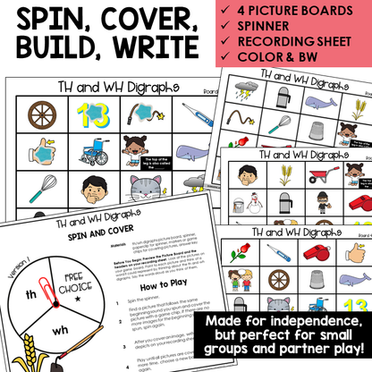 Spin and Cover picture boards and spinner for digraphs TH and WH