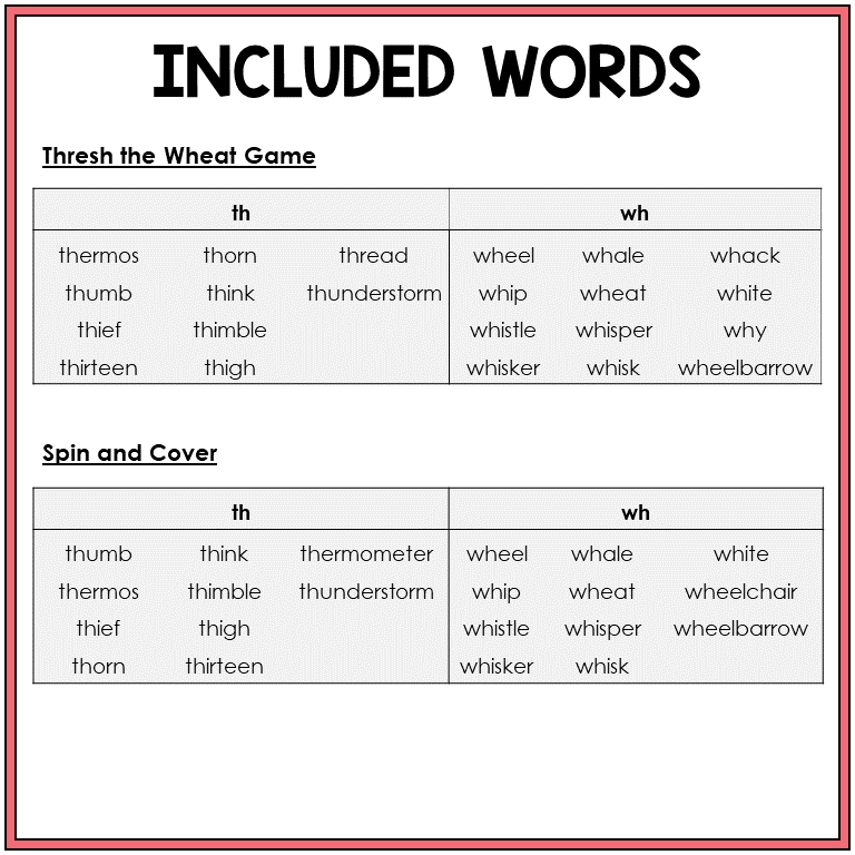Word list for digraphs TH and WH games, Sort 22