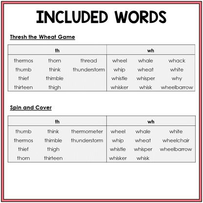 Word list for digraphs TH and WH games, Sort 22