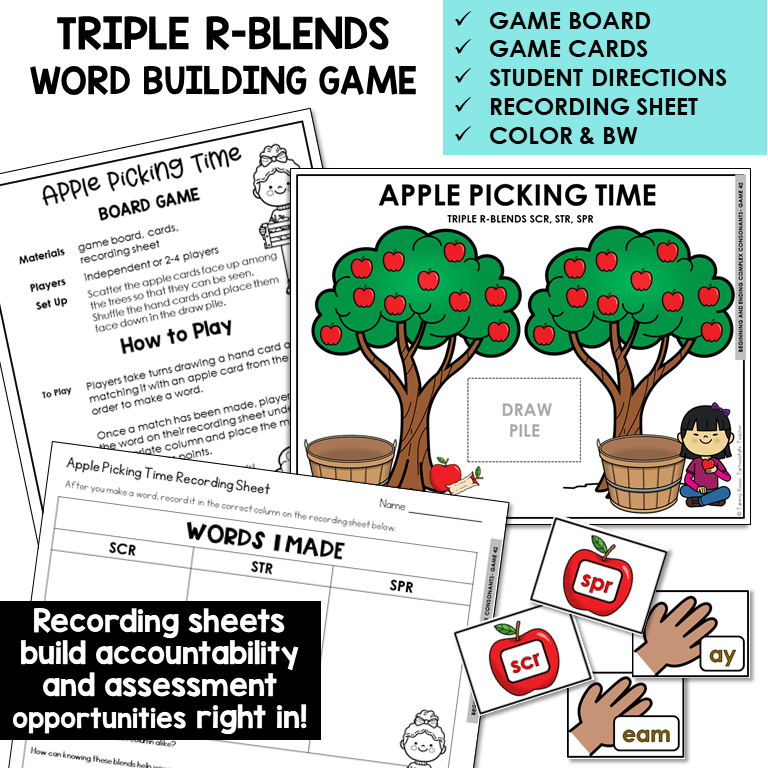 Apple Picking Time word building board game with SCR, STR, and SPR cards and recording sheet