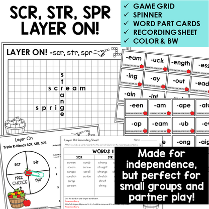 Layer On word tower game with spinner, word part cards, and recording sheet for SCR, STR, and SPR