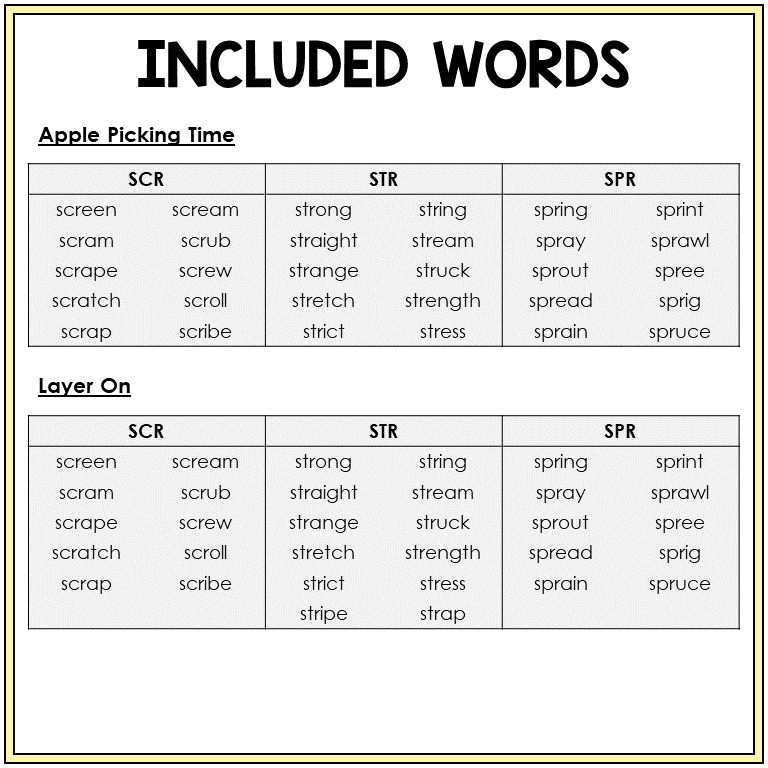 Word list for SCR, STR, and SPR games, Sort 42