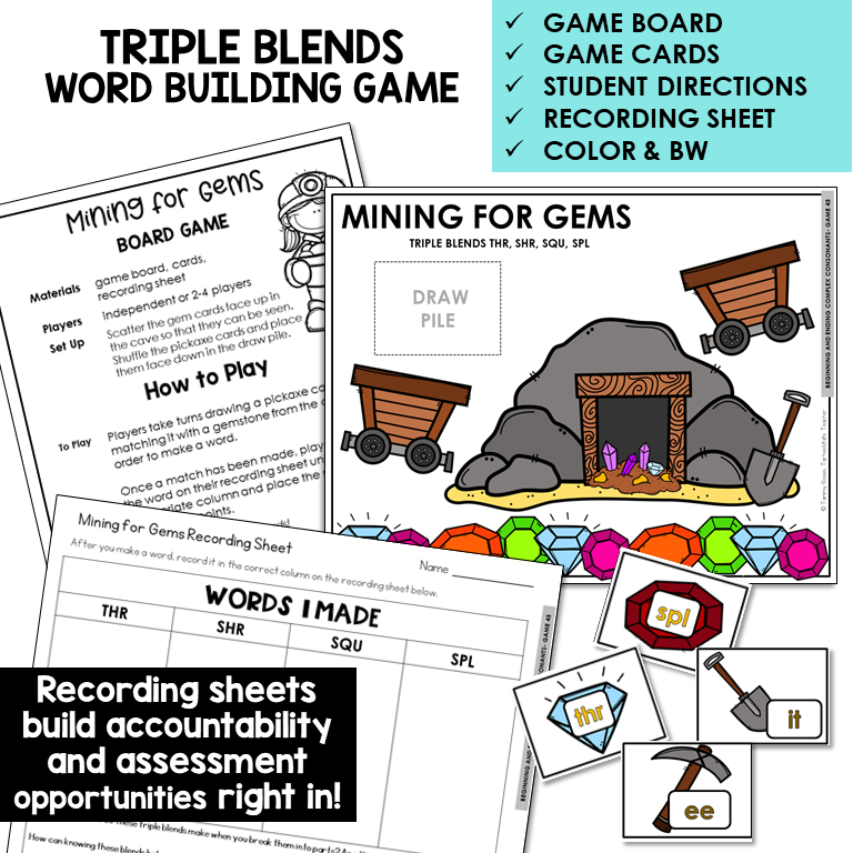 Mining for Gems word building board game with THR, SHR, SQU, and SPL cards and recording sheet