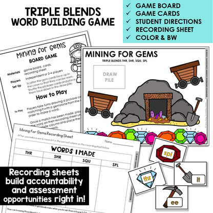 Mining for Gems word building board game with THR, SHR, SQU, and SPL cards and recording sheet