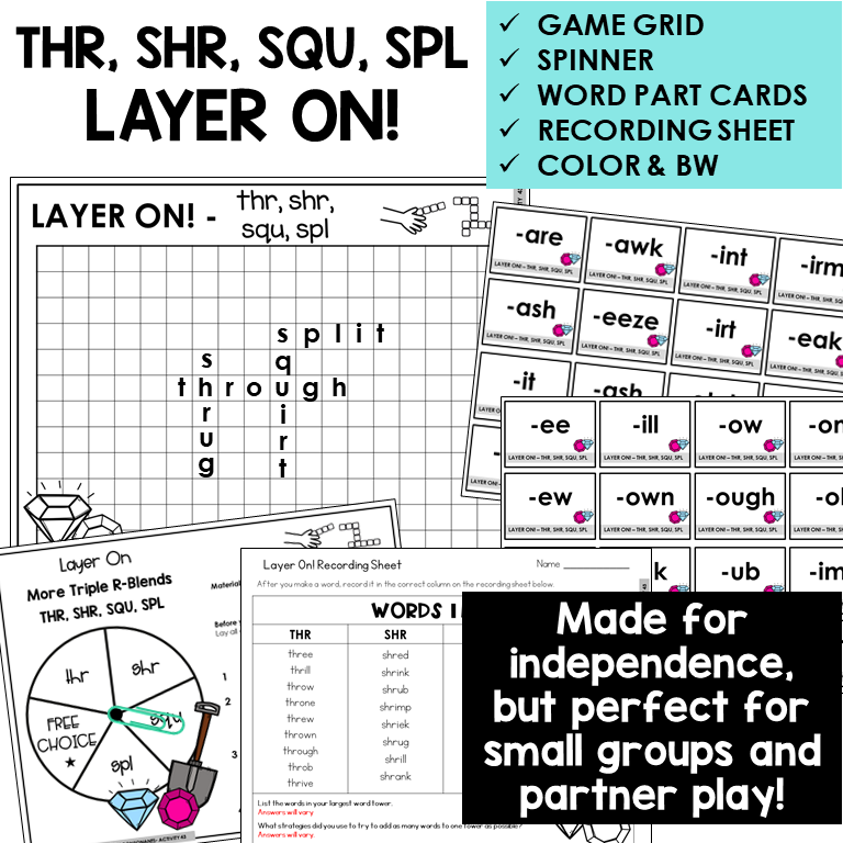 Layer On word tower game with spinner, word part cards, and recording sheet for THR, SHR, SQU, and SPL