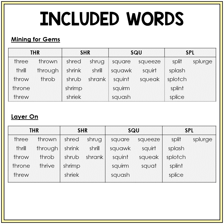 Word list for THR, SHR, SQU, and SPL games, Sort 43