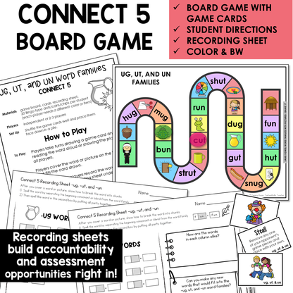 Connect 5 board game, game cards, and recording sheet for UG, UT, and UN word families