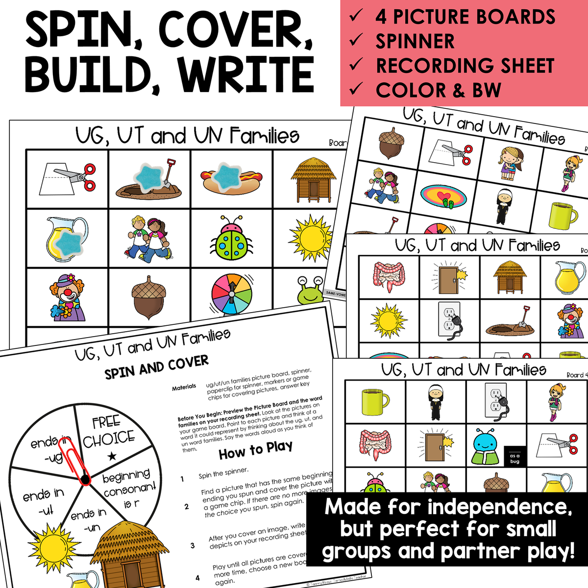 Spin, Cover, Build, Write picture boards and spinner for UG, UT, and UN word families