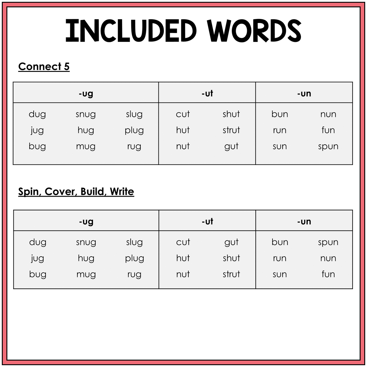 Word list for UG, UT, and UN word family games, Sort 17
