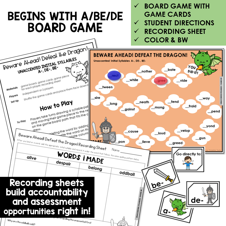 Beware Ahead! Defeat The Dragon! Board Game for unaccented initial syllables A-, BE-, and DE-, with recording sheet