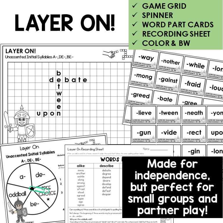 Layer On! word building activity for unaccented initial syllables A-, BE-, and DE-