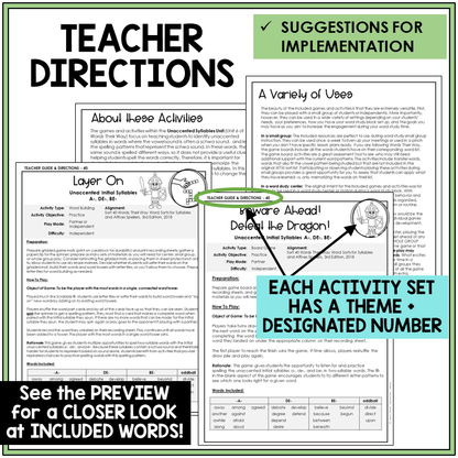 Teacher directions for unaccented initial syllables A-, BE-, and DE- games
