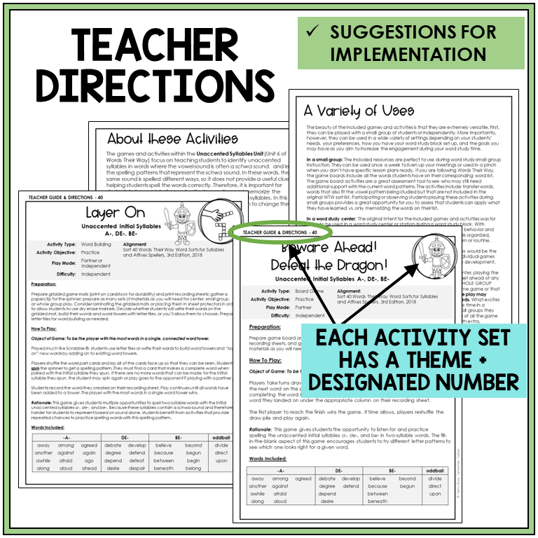 Teacher directions and suggestions for implementation, unaccented initial syllables A-, BE-, and DE-