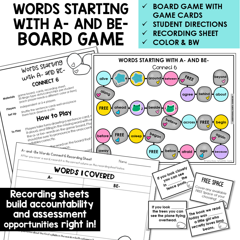 Connect 6 board game with sentence cards and recording sheet for words starting with A- and BE-