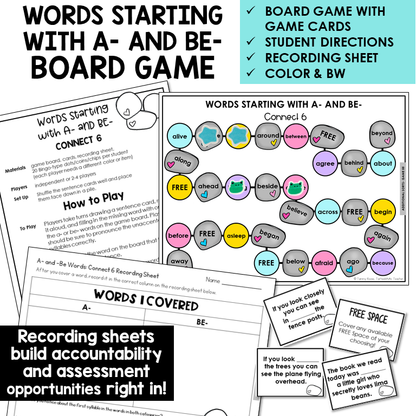 Connect 6 board game with sentence cards and recording sheet for words starting with A- and BE-
