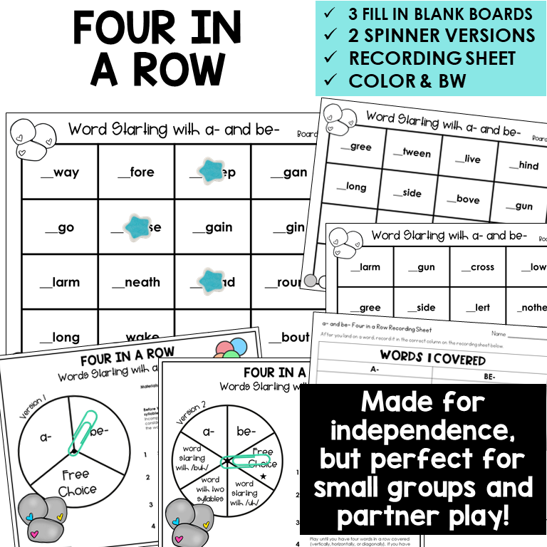 Four In A Row boards, spinners, and recording sheet for words starting with A- and BE-