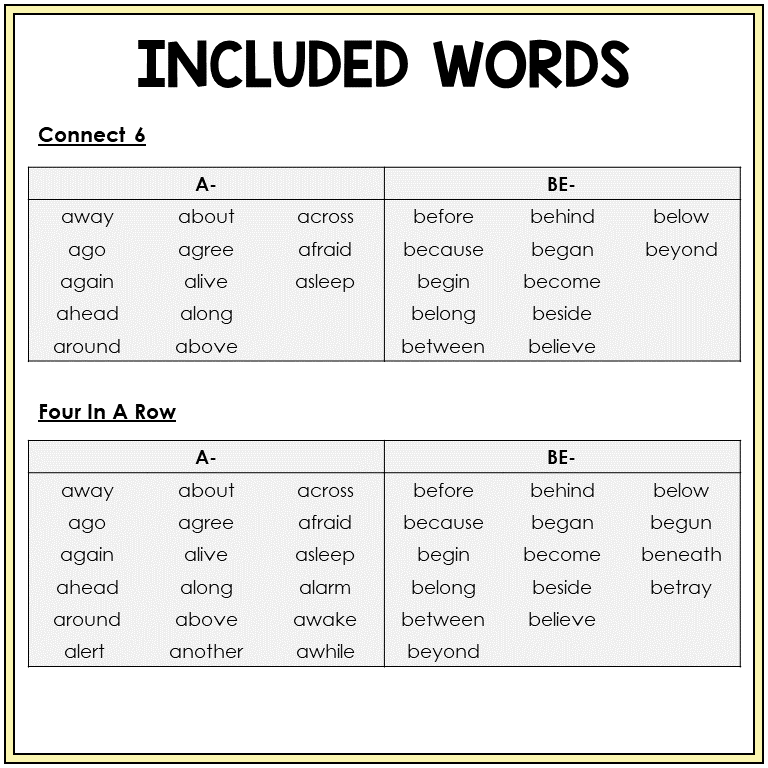 Word list for A- and BE- games, Sort 55