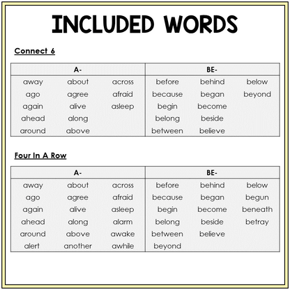 Word list for A- and BE- games, Sort 55