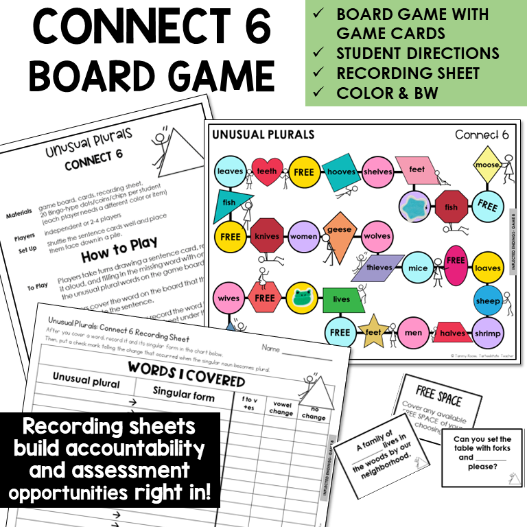 Connect 6 Board Game for unusual plural nouns, with recording sheet