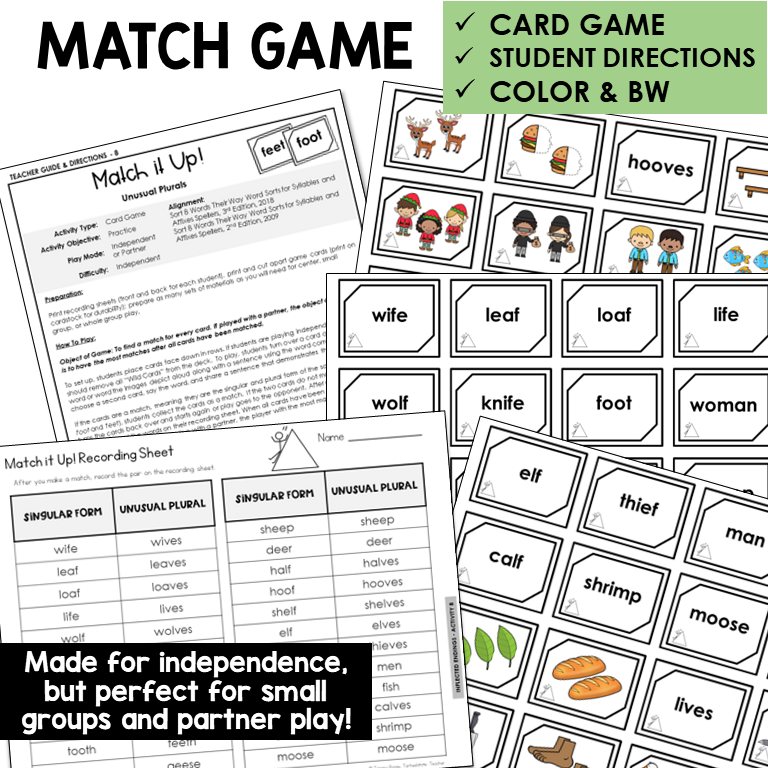 Match It Up! Card Game for unusual plural nouns