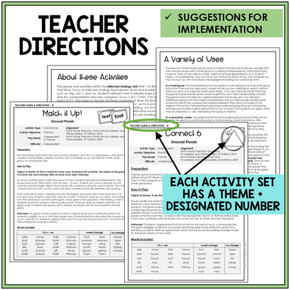 Teacher directions and suggestions for implementation, unusual plural nouns