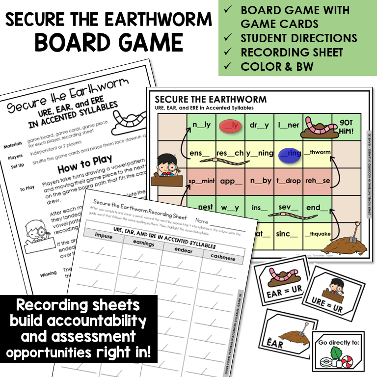 Secure the Earthworm Board Game for URE, EAR, and ERE in accented syllables, with recording sheet