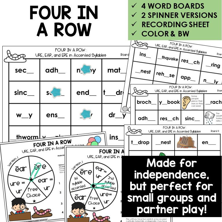 Four In A Row for URE, EAR, and ERE in accented syllables, with spinners and recording sheet