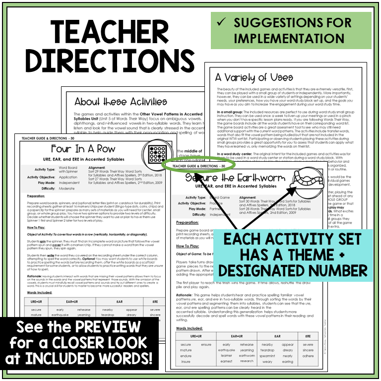 Teacher directions for URE, EAR, and ERE in accented syllables games