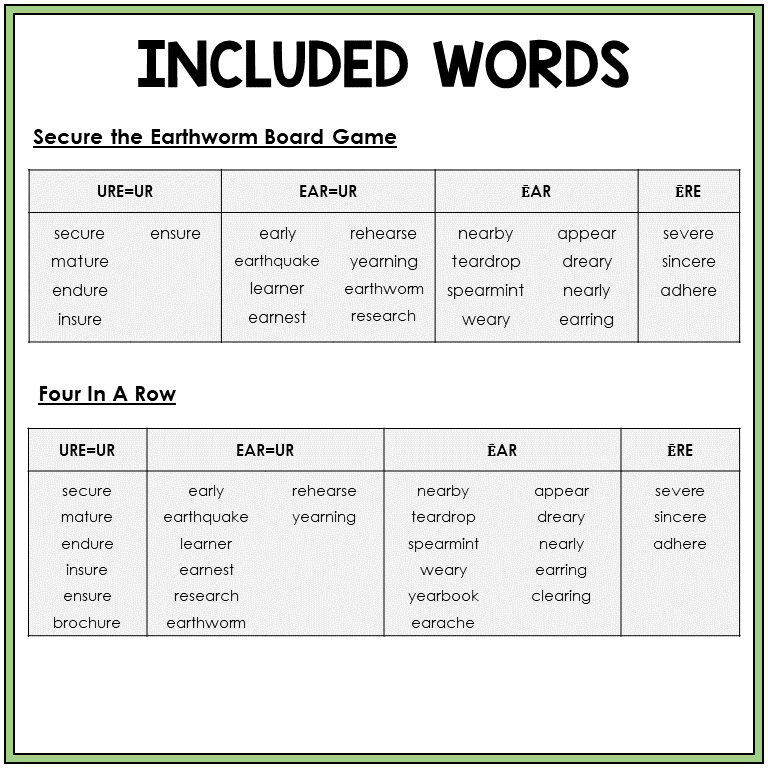 Word list for URE, EAR, and ERE in accented syllables, Sort 30