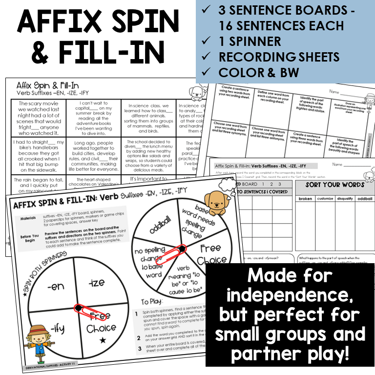 Affix Spin & Fill-In word board activity for verb suffixes -EN, -IZE, -IFY