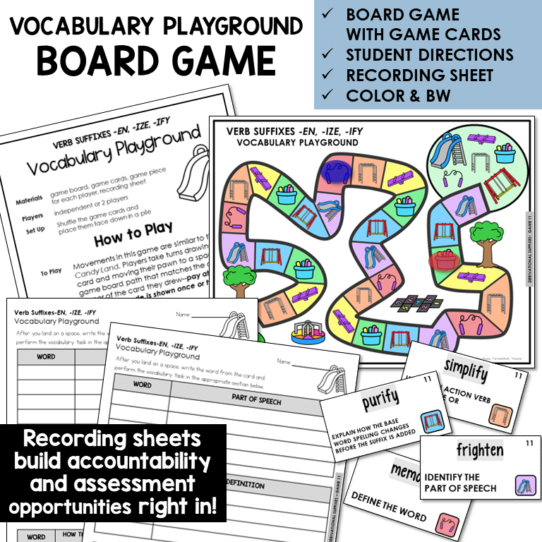 Vocabulary Playground board game for verb suffixes -EN, -IZE, -IFY