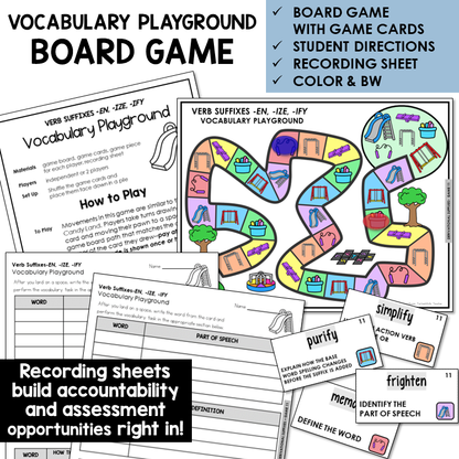 Vocabulary Playground board game for verb suffixes -EN, -IZE, -IFY