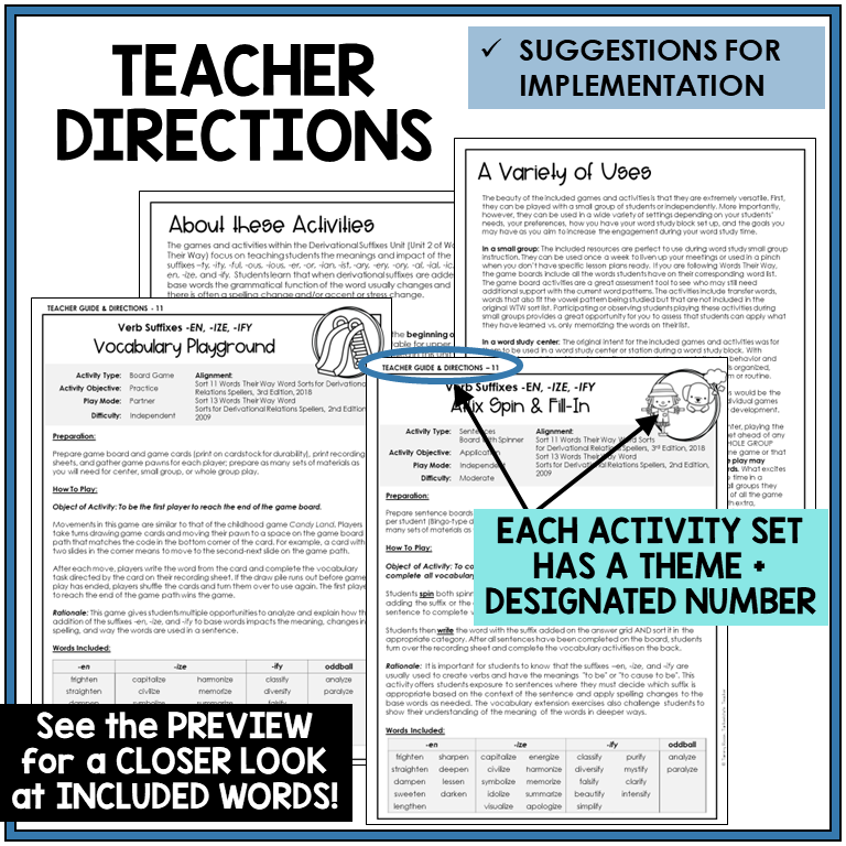 Teacher directions for verb suffixes -EN, -IZE, -IFY games
