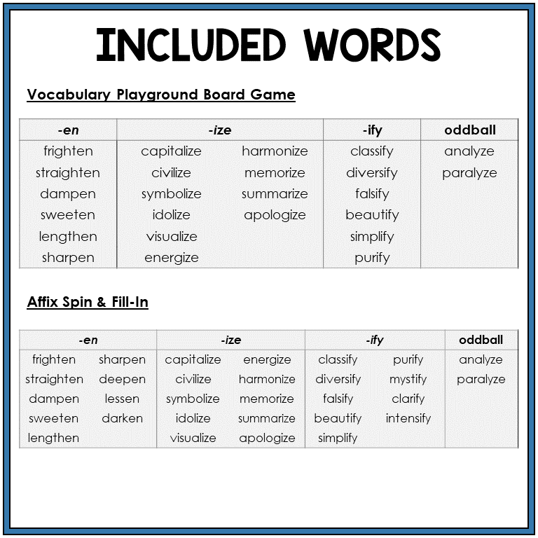 Word list for verb suffixes -EN, -IZE, -IFY, Sort 11