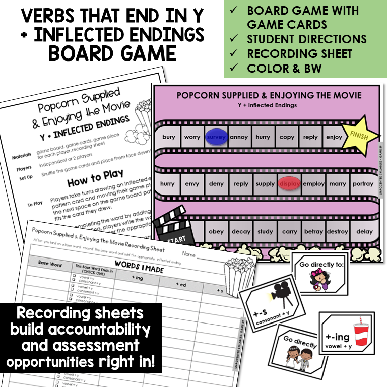 Popcorn Supplied & Enjoying The Movie Board Game for verbs that end in Y with -ING, -S, and -ED, with recording sheet