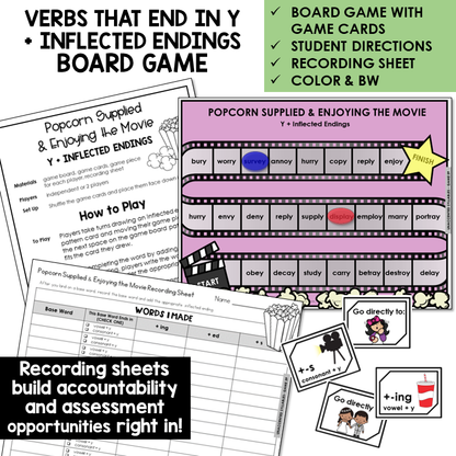 Popcorn Supplied & Enjoying The Movie Board Game for verbs that end in Y with -ING, -S, and -ED, with recording sheet