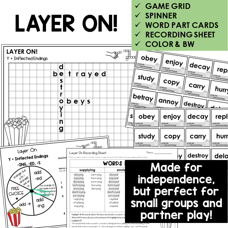 Layer On! word building activity for verbs that end in Y with -ING, -S, and -ED