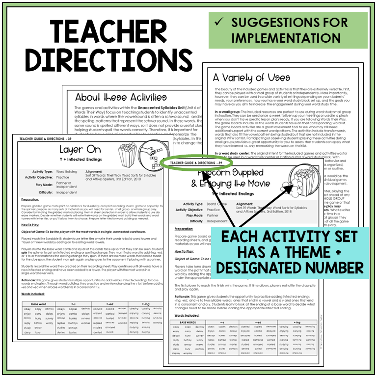Teacher directions and suggestions for implementation, verbs that end in Y with -ING, -S, and -ED
